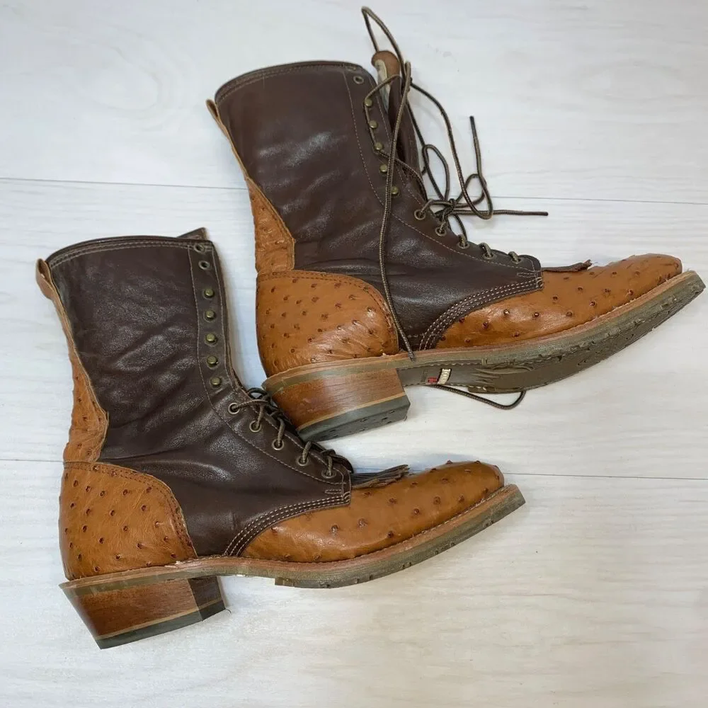 Double-H Boots Mens Size 10B Lacer Two Tone Work Boot D382 Ostrich Packer Kiltie